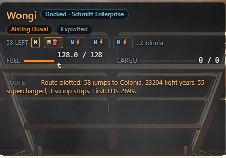 The in-game overlay after plotting: the jump chain and a spoken Route plotted confirmation, while docked.