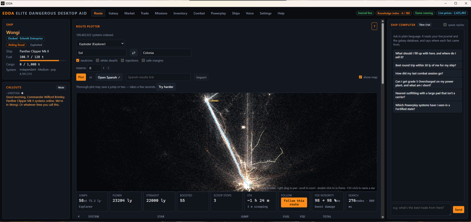 EDDA's route planner: Sol to Colonia, 23,204 light years — 58 jumps, 55 supercharged, plotted in 889 ms, drawn as a blue neutron highway across the galaxy.